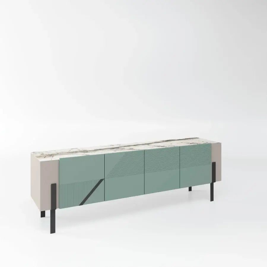 Elegant Bizzotto Italia Amulet sideboard with pale pink-beige panels, sage green doors and a marble-patterned top built with dark metal legs