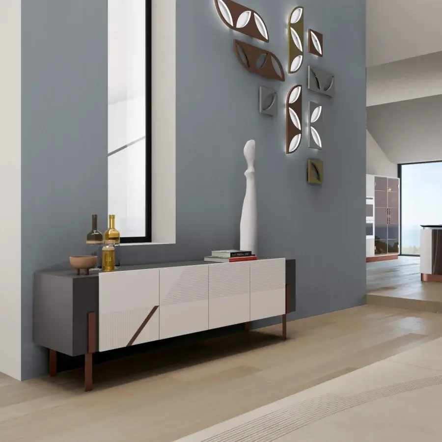 Exceptional Bizzotto Italia Amulet sideboard built with light beige and dark gray panels plus reddish-brown legs
