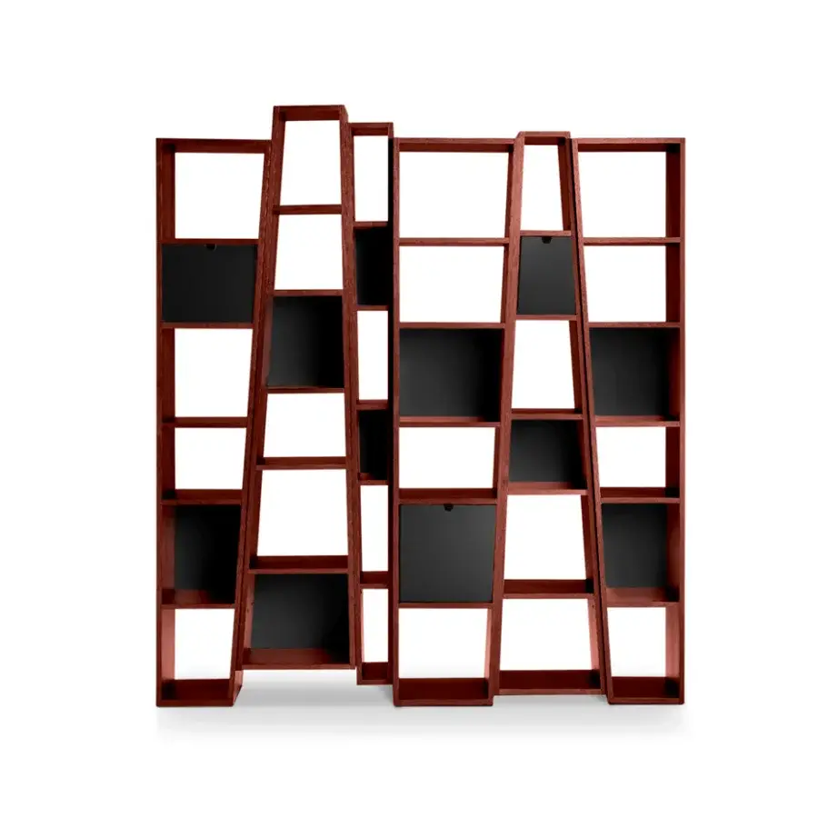 Harmonious 4 Mariani Beat bookcase built in medium-toned brown wood veneer with black saddle leather holders and varying modules