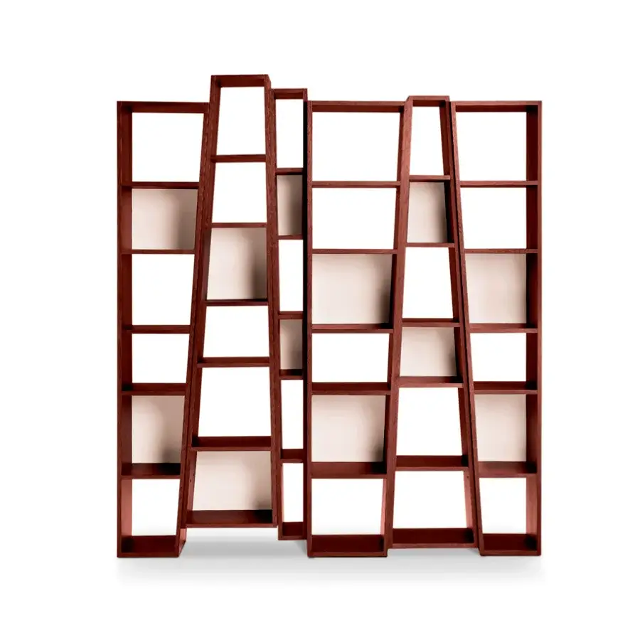 Superior 4 Mariani Beat bookcase crafted in reddish-brown wood veneer with alternating modules and saddle leather holders