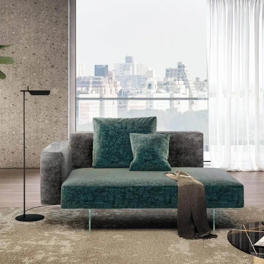 Exceptional Lago Air lounge chair with teal-green textile upholstery, darker gray accents and almost invisible tempered glass supports