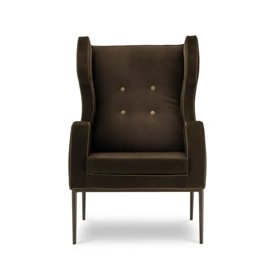 Distinguished 4 Mariani Cassandra lounge chair with deep brown textile upholstery and smooth matte finish