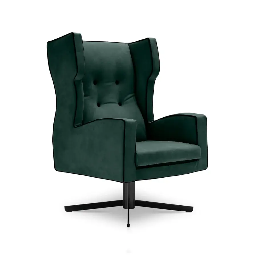 Exceptional 4 Mariani Cassandra lounge chair with teal textile upholstery, black trim and quilted workmanship, built with a black metal swivel base