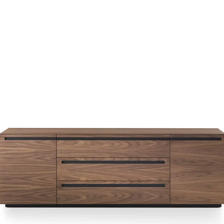 Superior 4 Mariani Crossing cabinet with rich brown wood, three drawers and sleek black recessed pulls