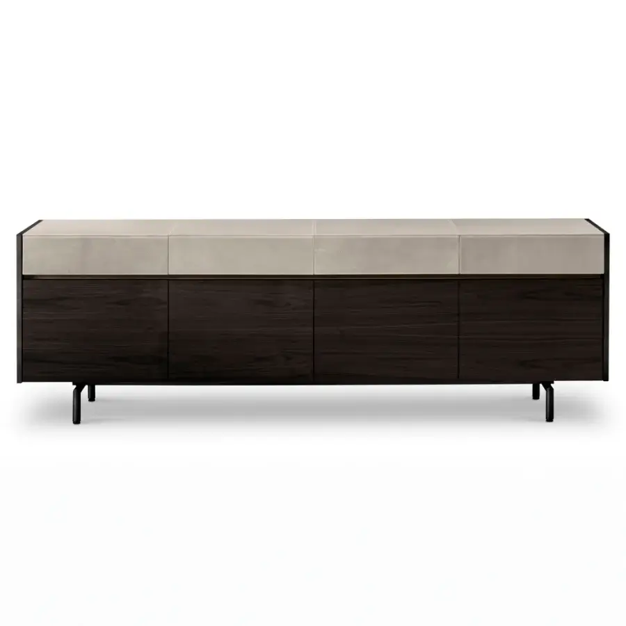 Elegant 4 Mariani Equa sideboard with dark-stained wood, lighter-toned top and hand-brushed lacquered sides built on a metal support