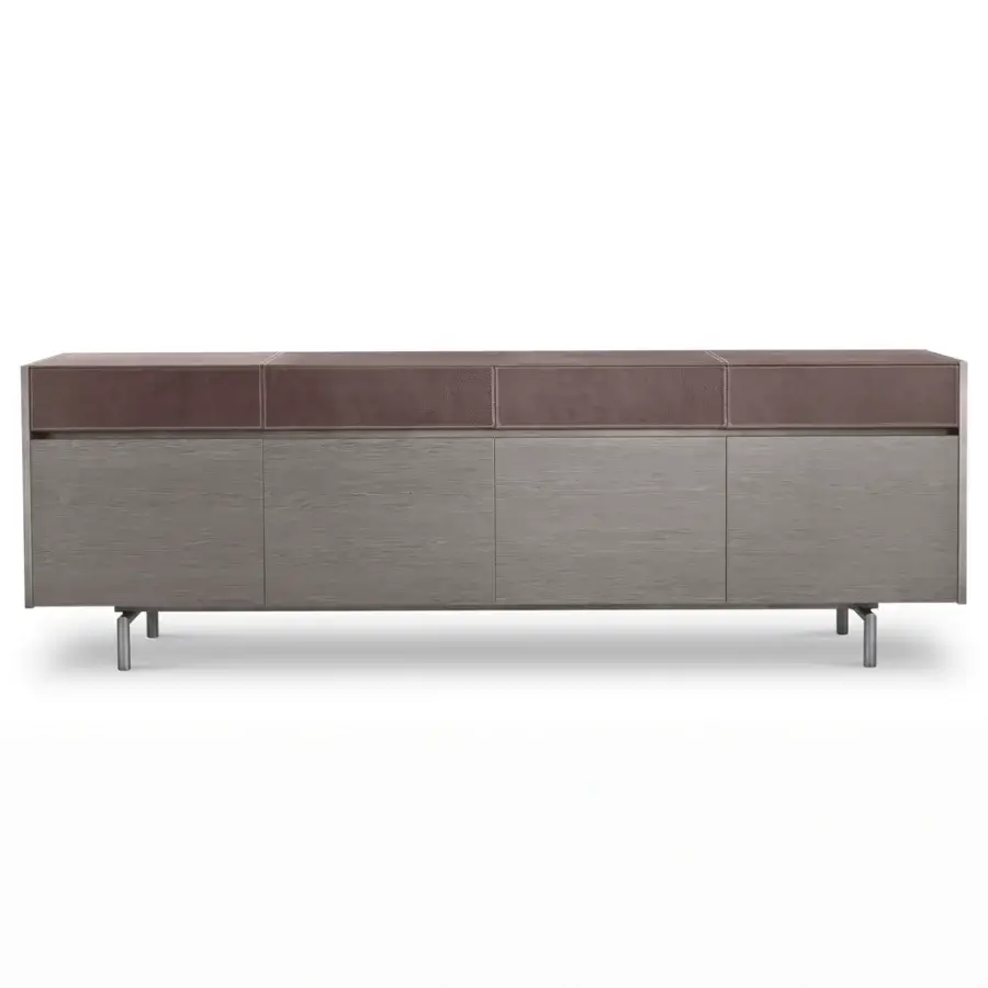 Distinguished 4 Mariani Equa sideboard with brown leather and wood, built with hand-brushed lacquered gray sides and sleek metal legs