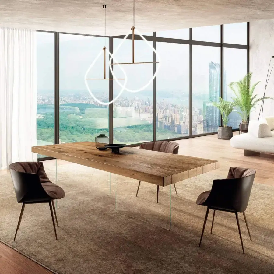 Distinguished Lago Air table crafted in Wildwood oak with matte finish and clear tempered-glass legs creating an ultralight appearance