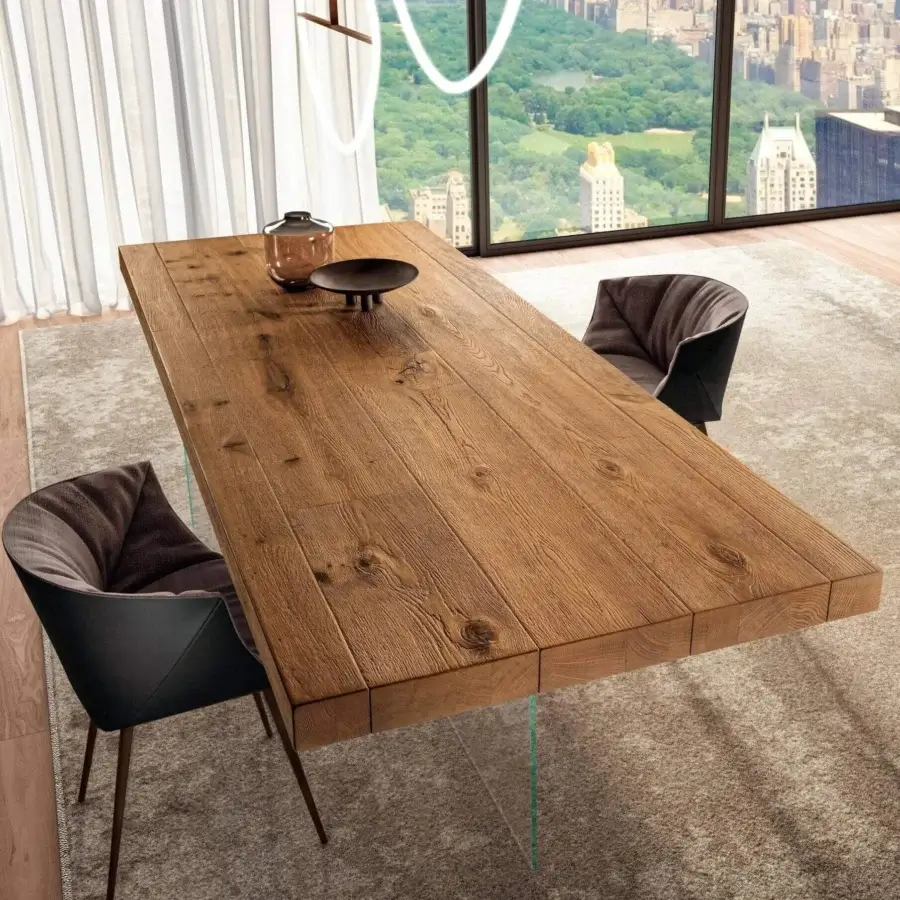 Superior Lago Air table crafted in Wildwood oak with warm finish and clear tempered-glass legs for an ultralight appearance