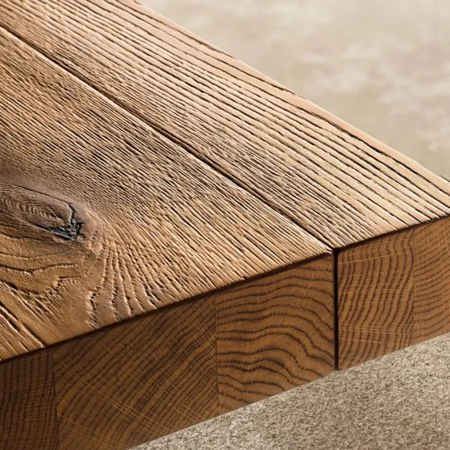 Distinguished Lago Air table crafted in Wildwood oak with textured rustic finish and clear tempered-glass supports
