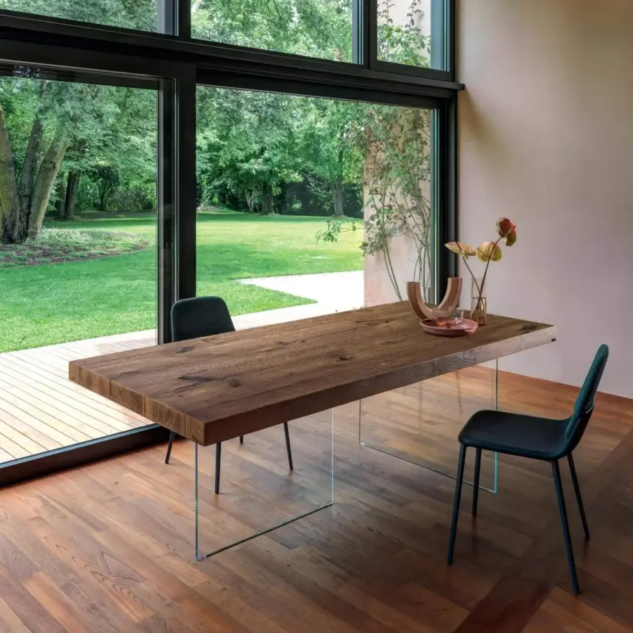 Exceptional Lago Air table crafted in Wildwood oak with clear tempered-glass supports and dark brown finish