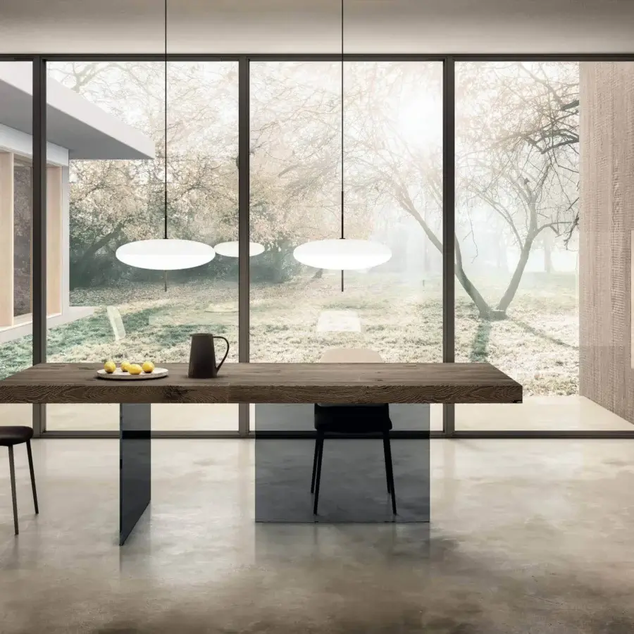 Distinguished Lago Air table crafted in Wildwood oak with nearly invisible tempered-glass supports and matte finish