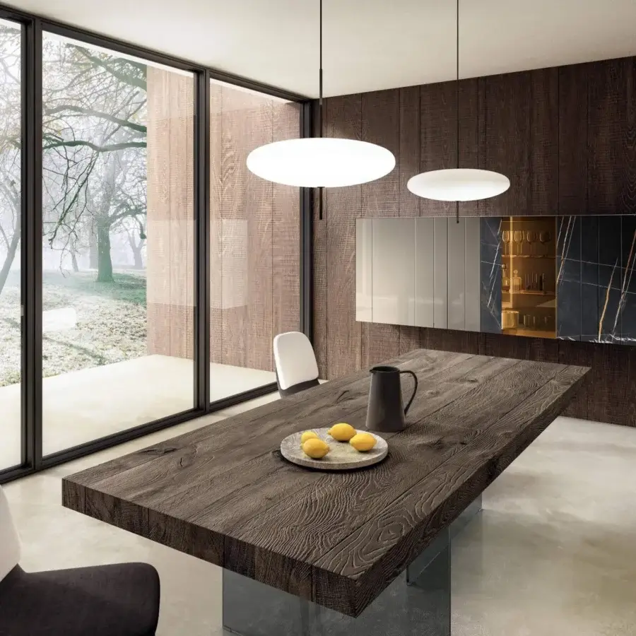 Exceptional Lago Air table crafted in Wildwood oak with clear tempered-glass legs and wear-resistant finish