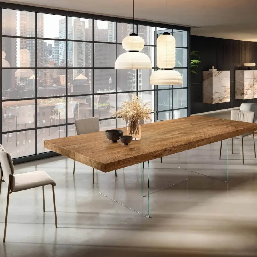 Captivating Lago Air table crafted in Wildwood oak with nearly invisible tempered-glass supports and matte finish