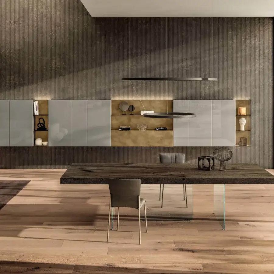 Superior Lago Air table crafted in dark-toned Wildwood oak with transparent tempered-glass supports exhibiting textured grain