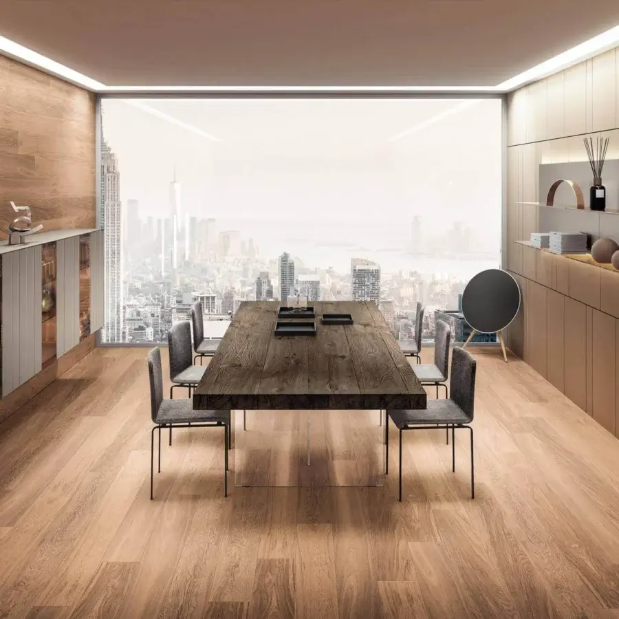 Distinguished Lago Air table crafted in Wildwood oak with clear tempered-glass supports and a matte finish