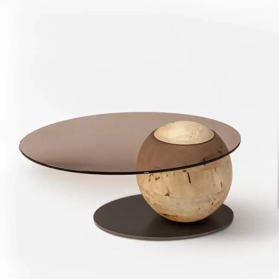 Exceptional Bizzotto Italia Pluff coffee table with brown-tinted glass and a raw burl wood sphere built with a circular metal base