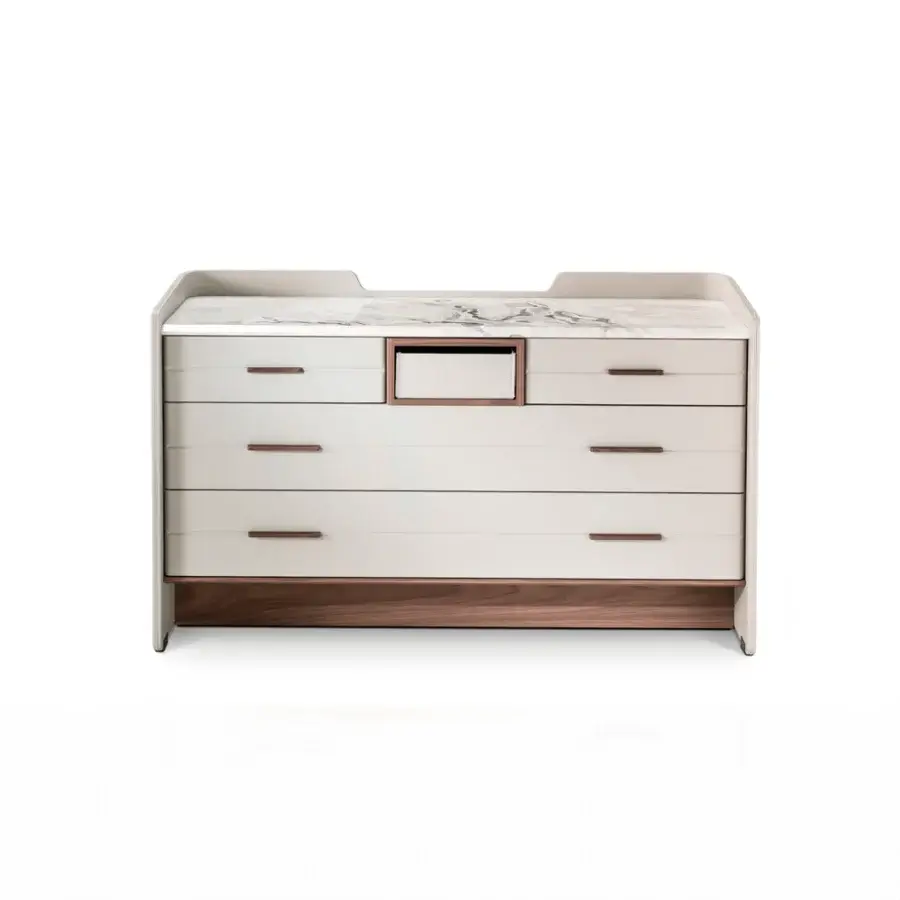 Exceptional 4 Mariani Jean Marie dresser crafted in soft leather with a marble top and visible wood base