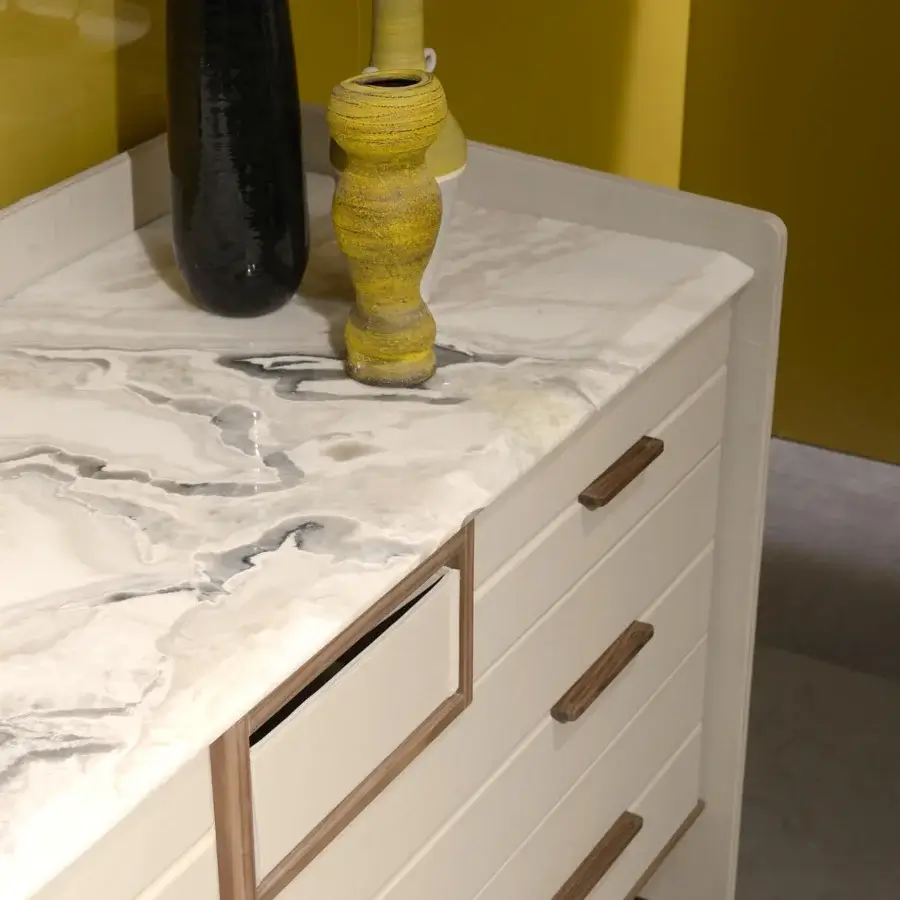 Exceptional 4 Mariani Jean Marie dresser in creamy soft leather and saddle leather with swirling grey and white marble top