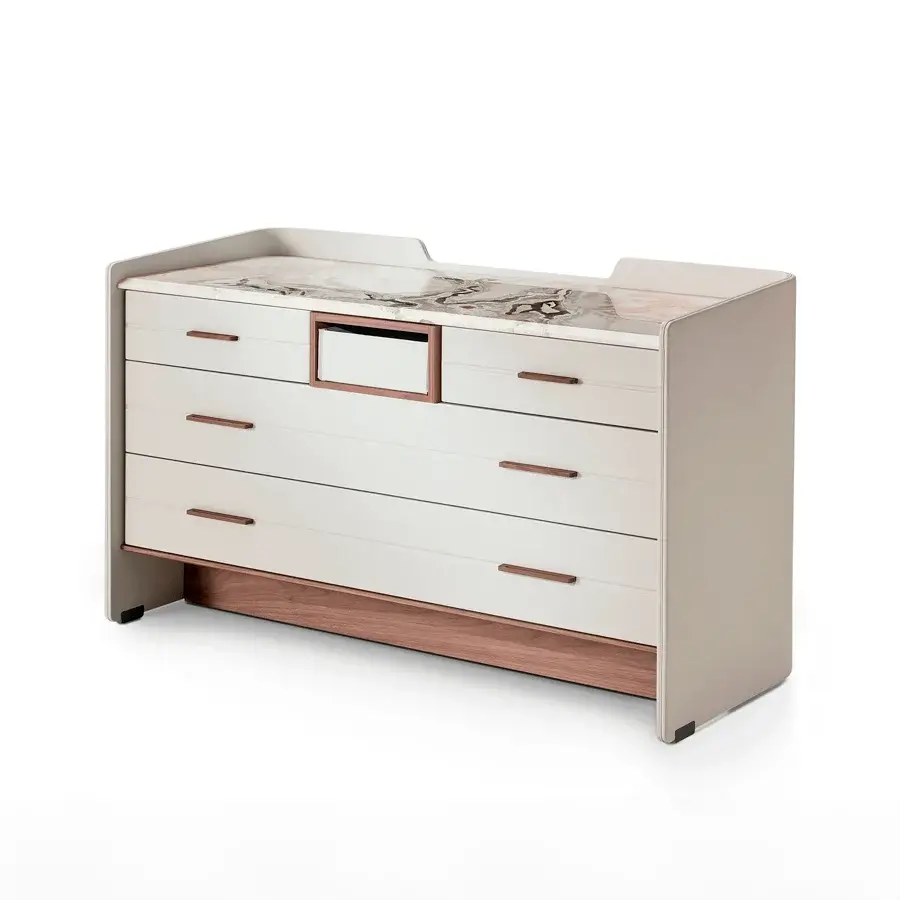 Lavish 4 Mariani Jean Marie dresser in soft leather with a marble top and warm wooden accents crafted with a matte finish