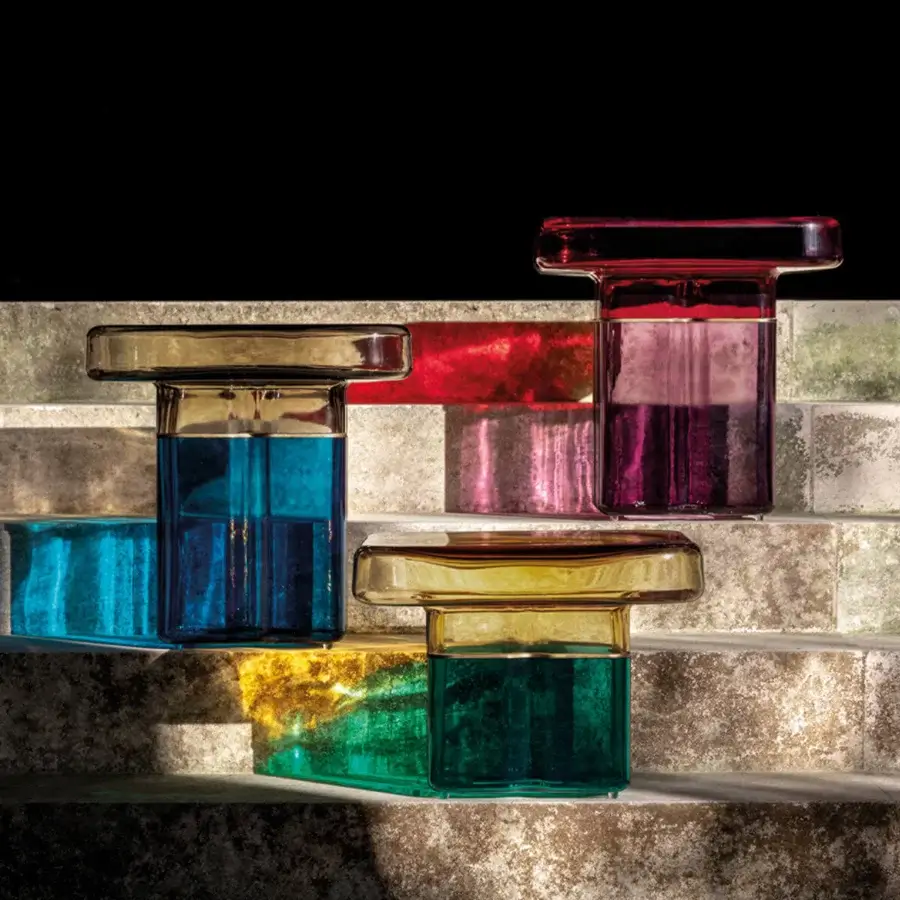 Exceptional Reflex Tau Murano side table with gradient yellow to green handcrafted Venetian glass and glossy finish