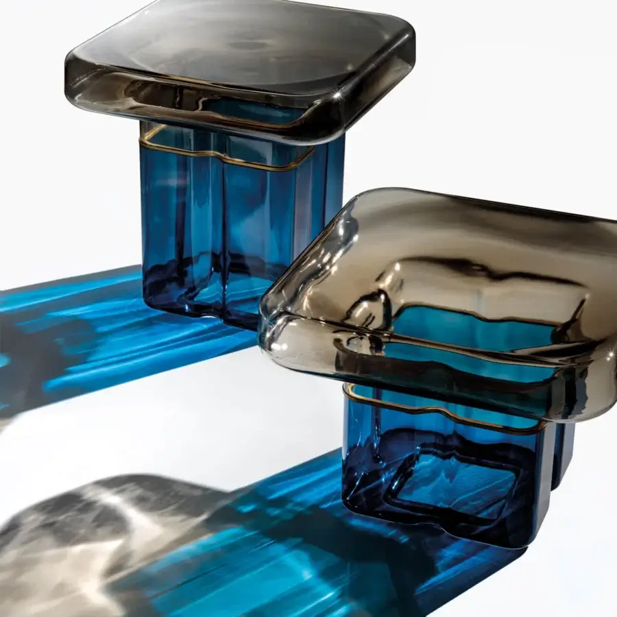Distinguished Reflex Tau Murano side table in captivating blue Venetian glass with glossy reflective gradient tones and gilded accents