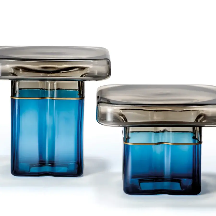 Exceptional Reflex Tau Murano side table crafted in clear blue Venetian glass with smoky gray glass top and gold-toned accent