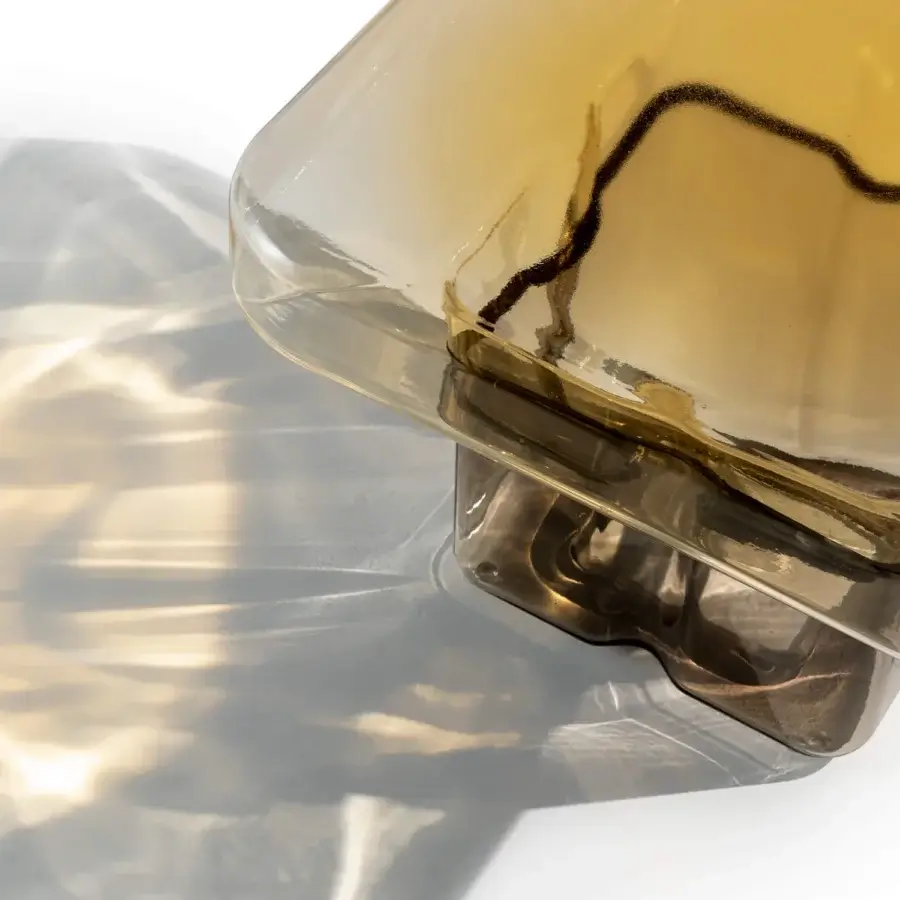 Superior Reflex Tau Murano side table crafted in organic amber tones with glossy Venetian glass and fluid sculptural form