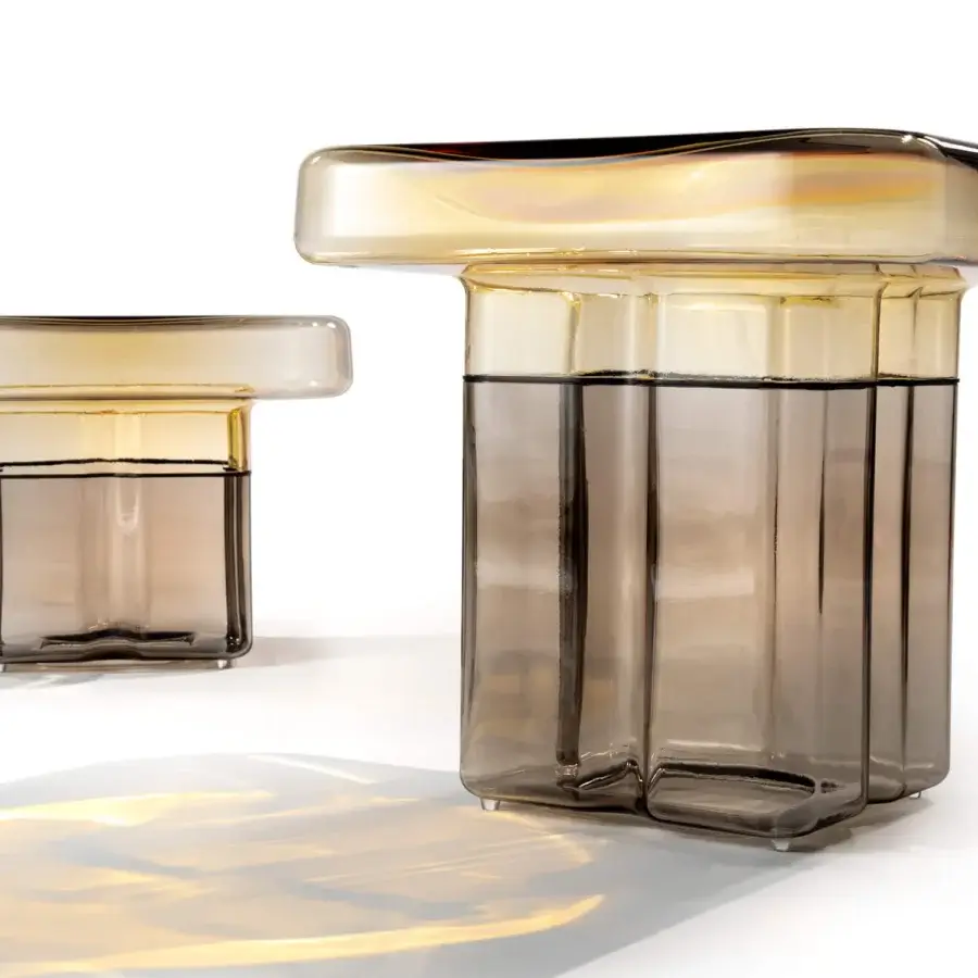 Elegant Reflex Tau Murano side table crafted in gradient grey to amber Venetian glass with a smooth finish