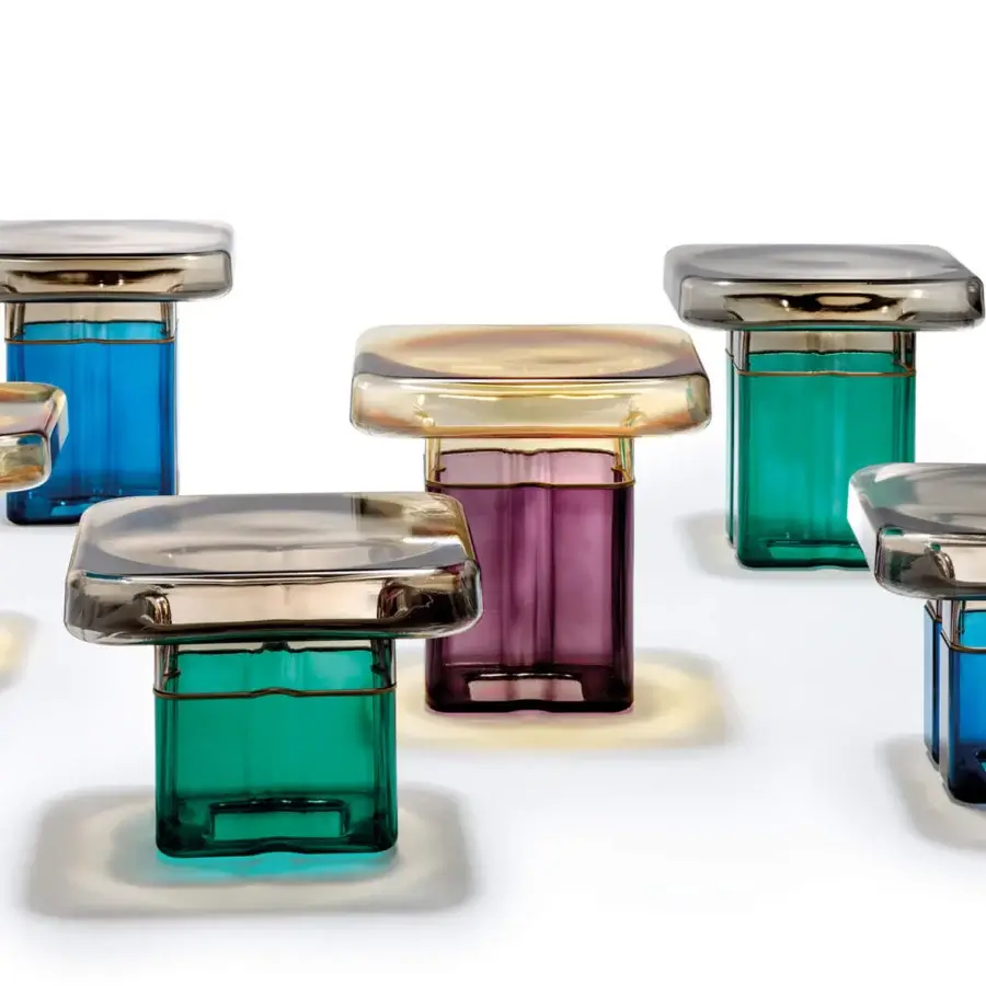 Superior Reflex Tau Murano side table with vibrant transparent glass base and reflective glass-like top crafted in blue, green, purple, and amber tones