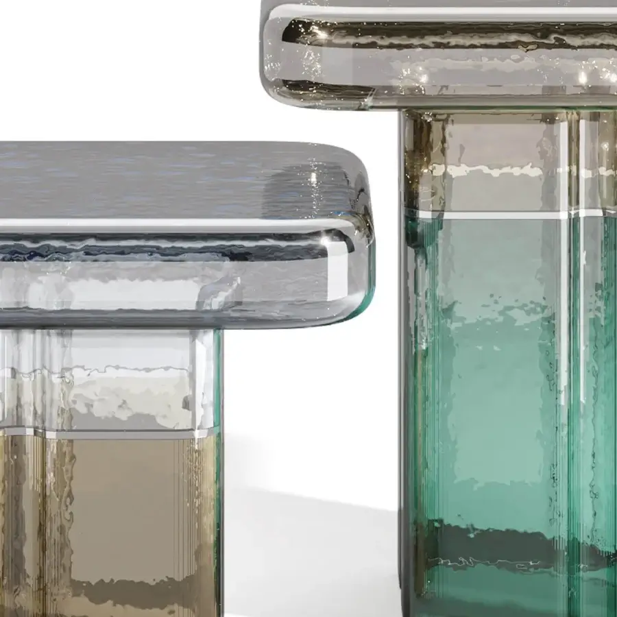 Elegant Reflex Tau Murano side table with glossy light gray and uniform brown glass built in a sleek geometric form