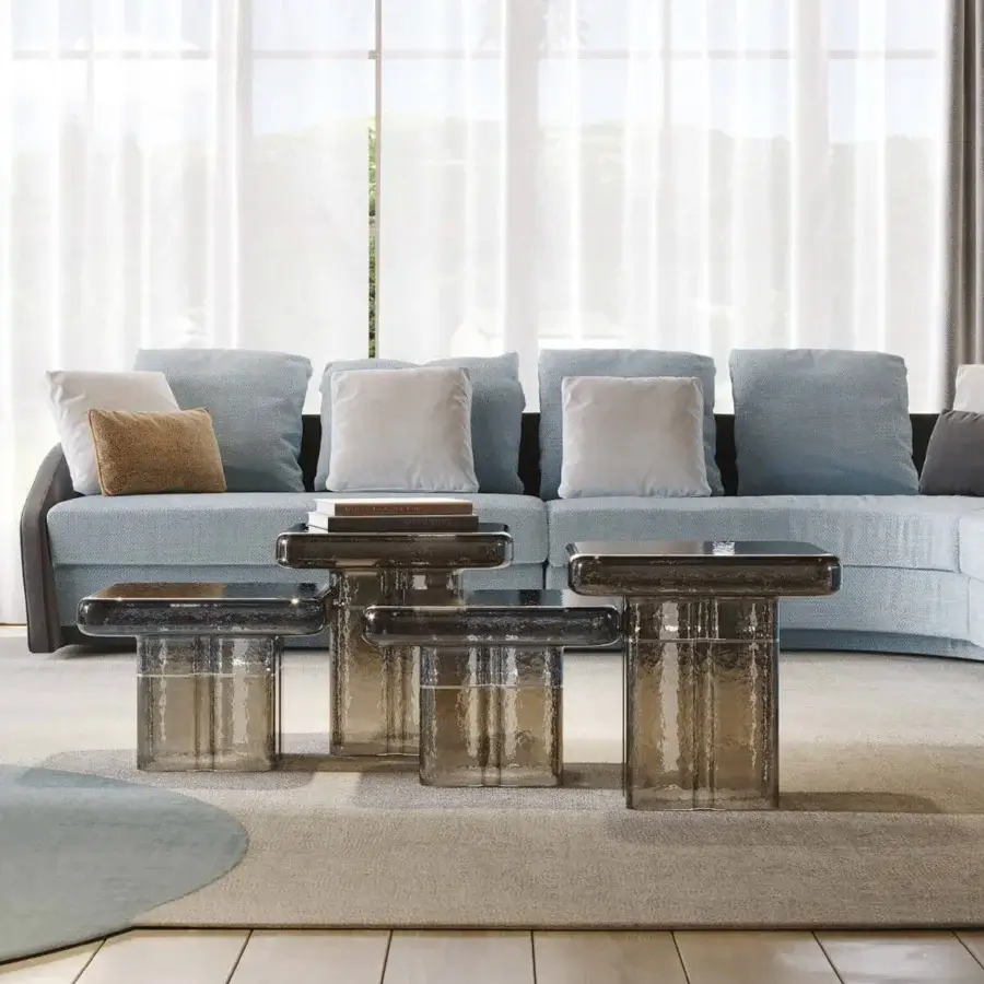 Distinctive Reflex Tau Murano side table crafted in Venetian glass with a smoky taupe gradient finish