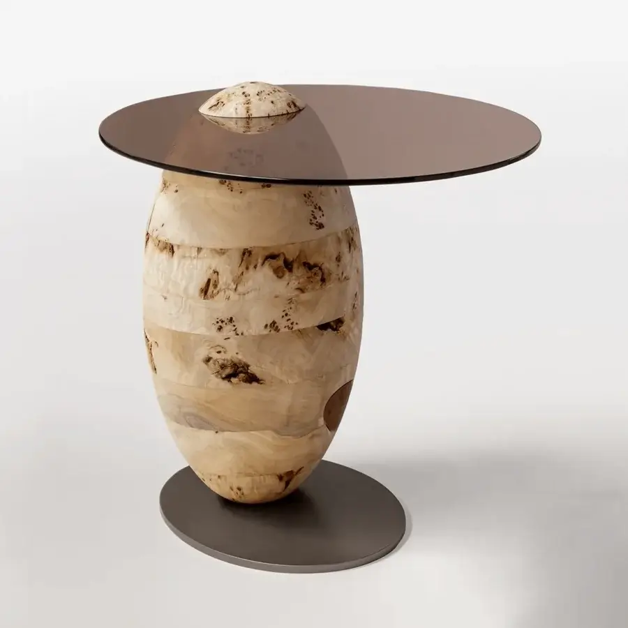 Exceptional Bizzotto Italia Pluff side table with light-toned burl wood base and sleek dark glass tabletop built with a matte metal oval