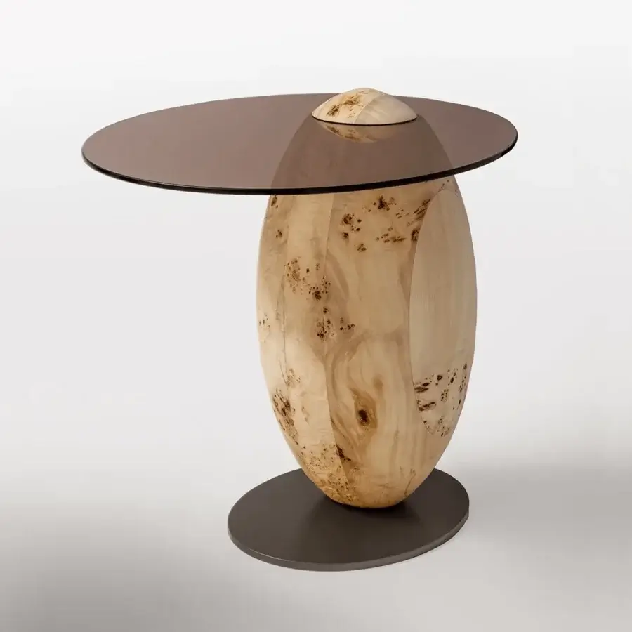 Elegant Bizzotto Italia Pluff side table with light-toned burl wood and brown glass top supported by a matte metal base