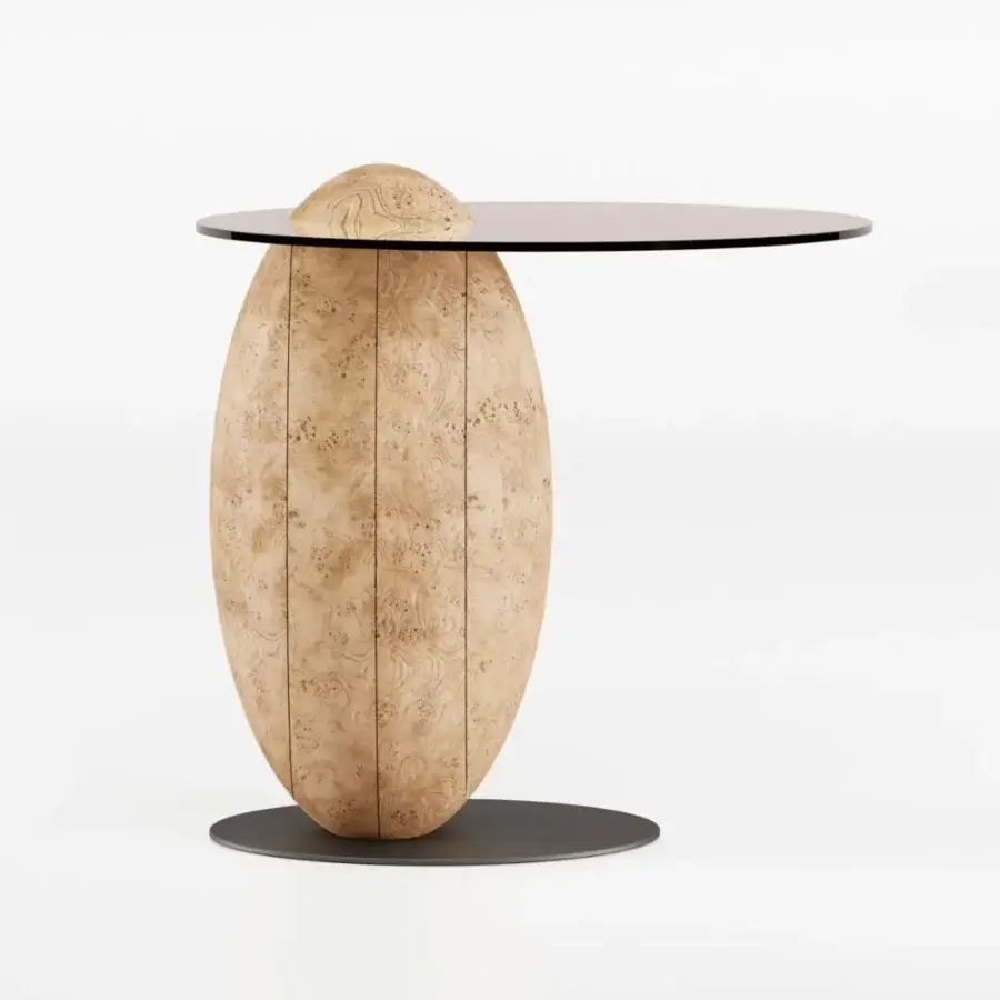 Distinguished Bizzotto Italia Pluff side table crafted in solid burl wood with dark smooth tabletop and base