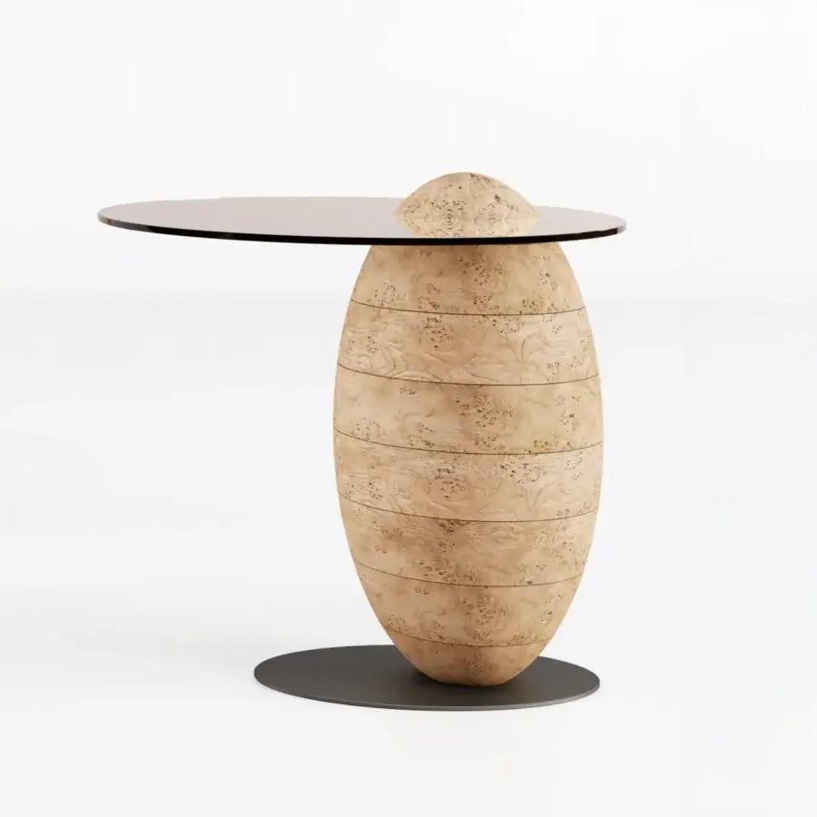 Exceptional Bizzotto Italia Pluff side table in solid burl wood with a light brown semi-glossy finish and dark gray metal base