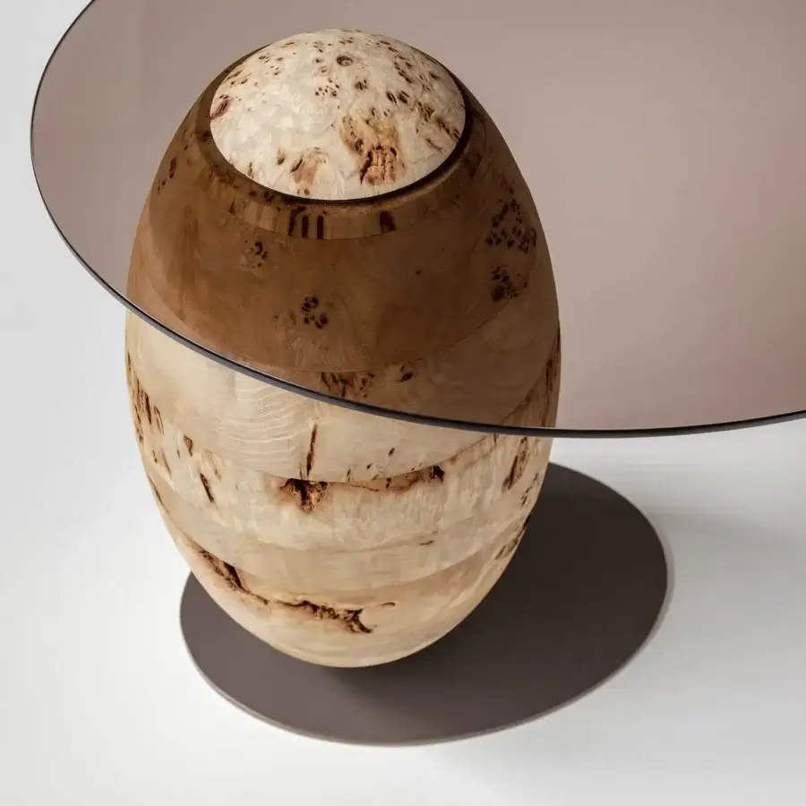 Superior Bizzotto Italia Pluff side table in light-toned burl wood with brown-tinted glass and dark gray metal base