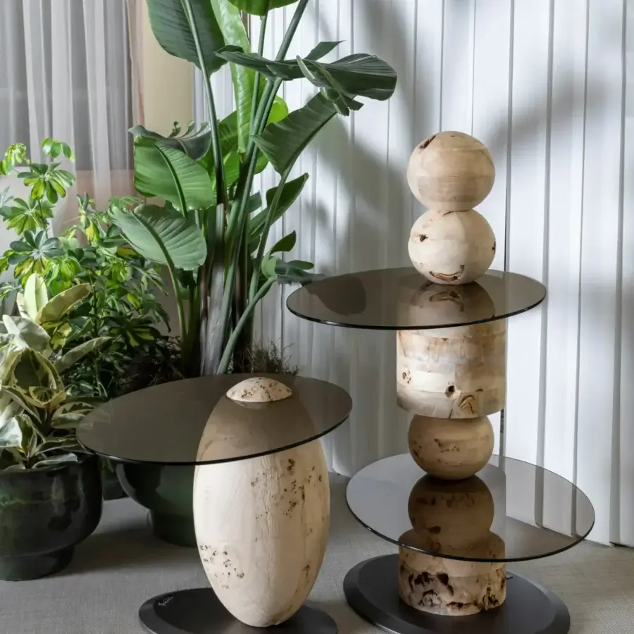 Elegant Bizzotto Italia Pluff side table in light-toned burl wood with dark glass and metal base