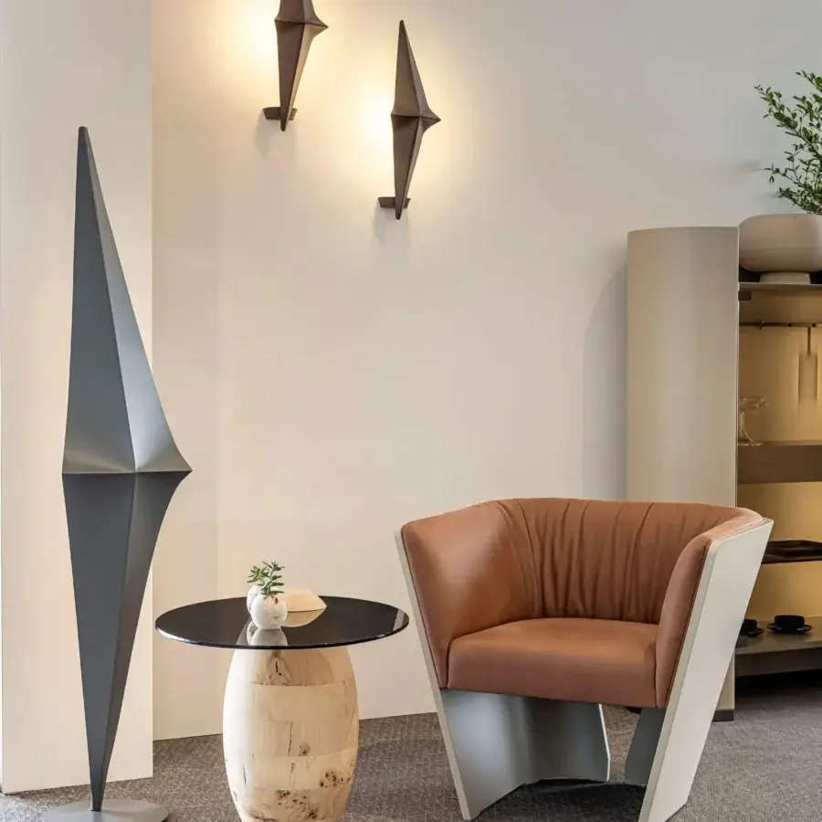Distinguished Bizzotto Italia Pluff side table crafted with burl wood segments and a sleek black glass top with matte finish