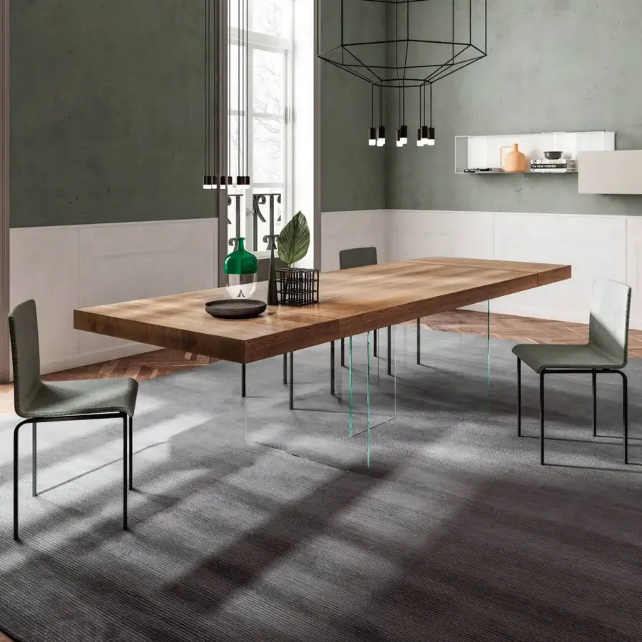 Superior Lago Air extendable table with Wildwood oak and tempered glass legs in a warm brown matte finish