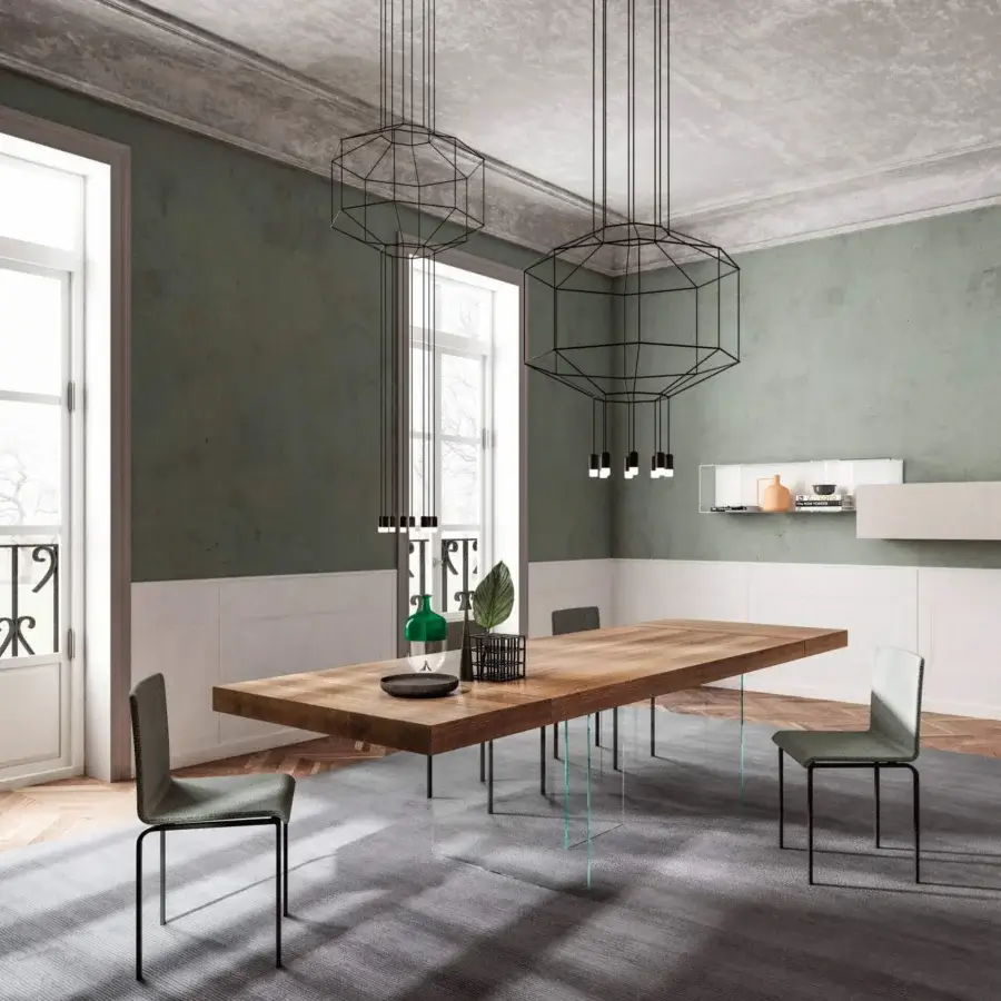Exceptional Lago Air extendable table with Wildwood oak top, matte finish and elegant tempered glass legs
