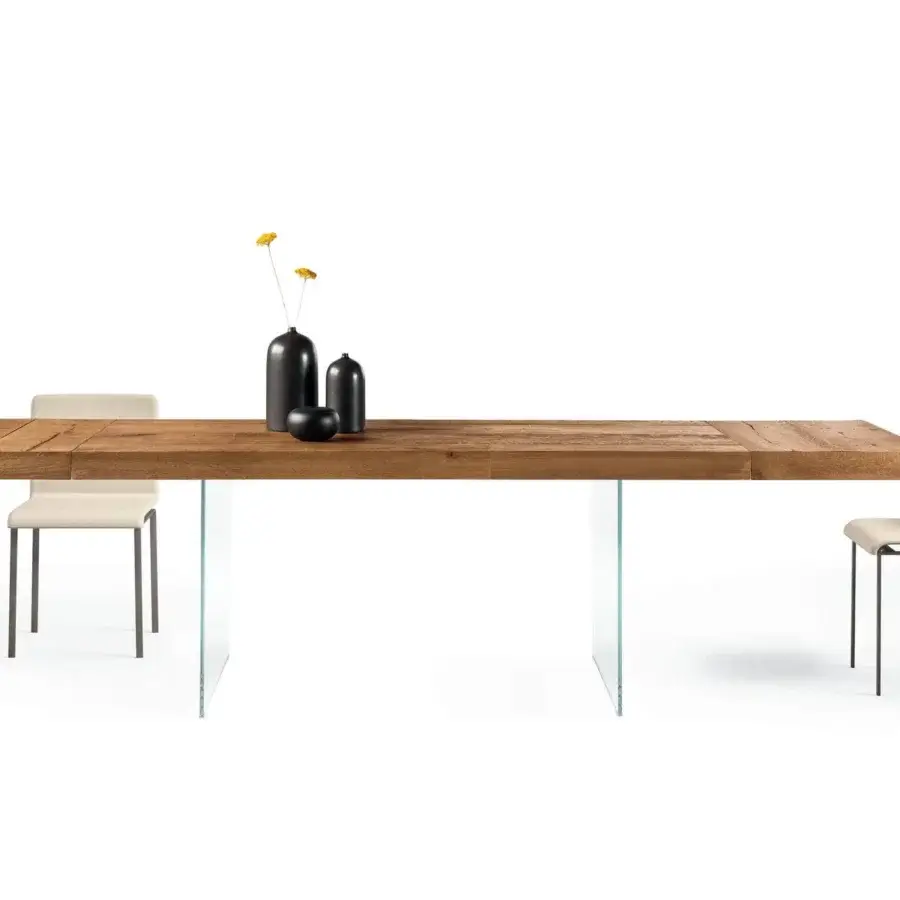 Distinguished Lago Air extendable table with Wildwood oak top, tempered glass legs and matte finish