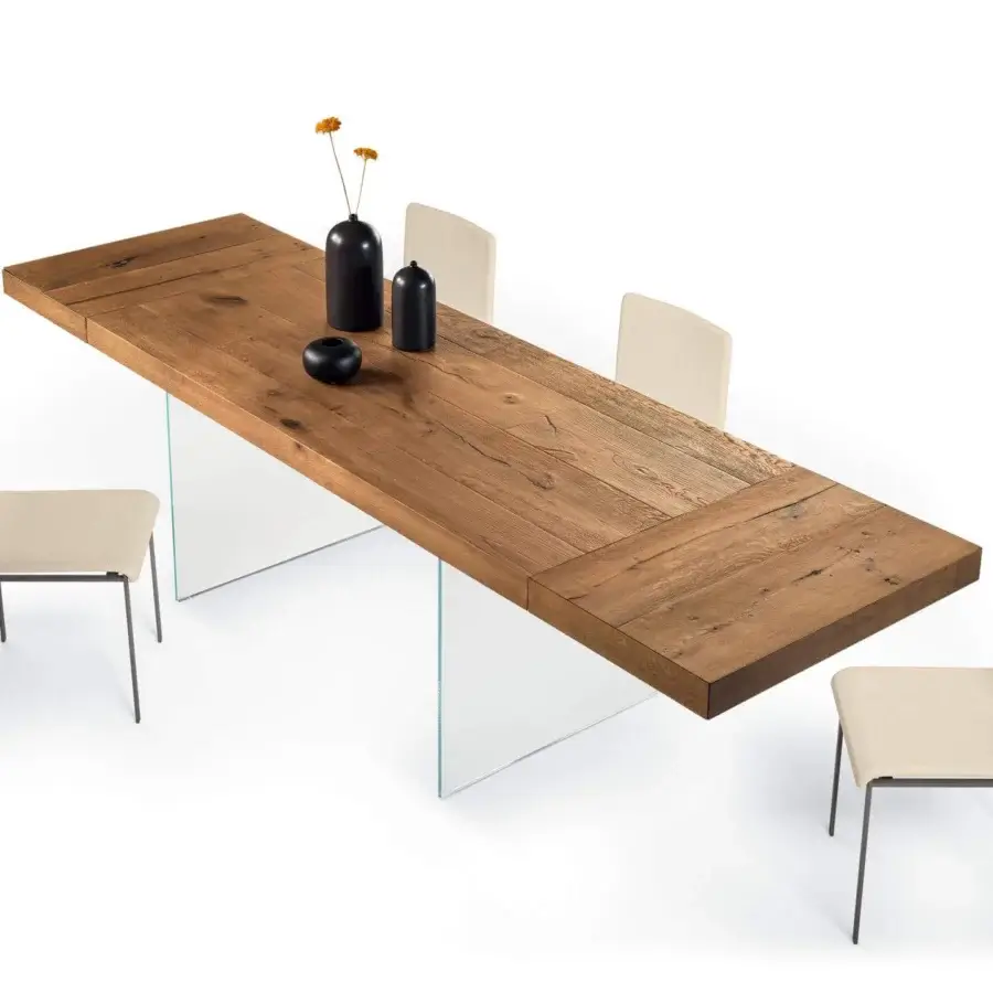 Sophisticated Lago Air extendable table with Wildwood oak top, transparent tempered glass legs and matte finish