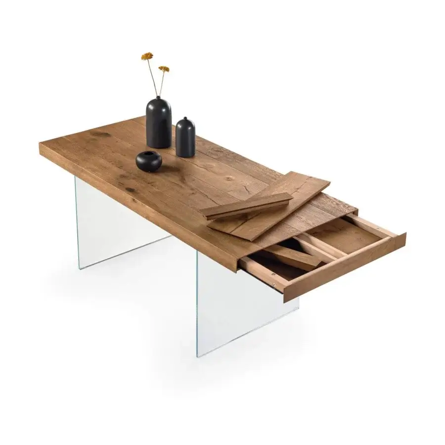 Luxury Lago Air extendable table with Wildwood oak top, matte finish and transparent tempered glass legs