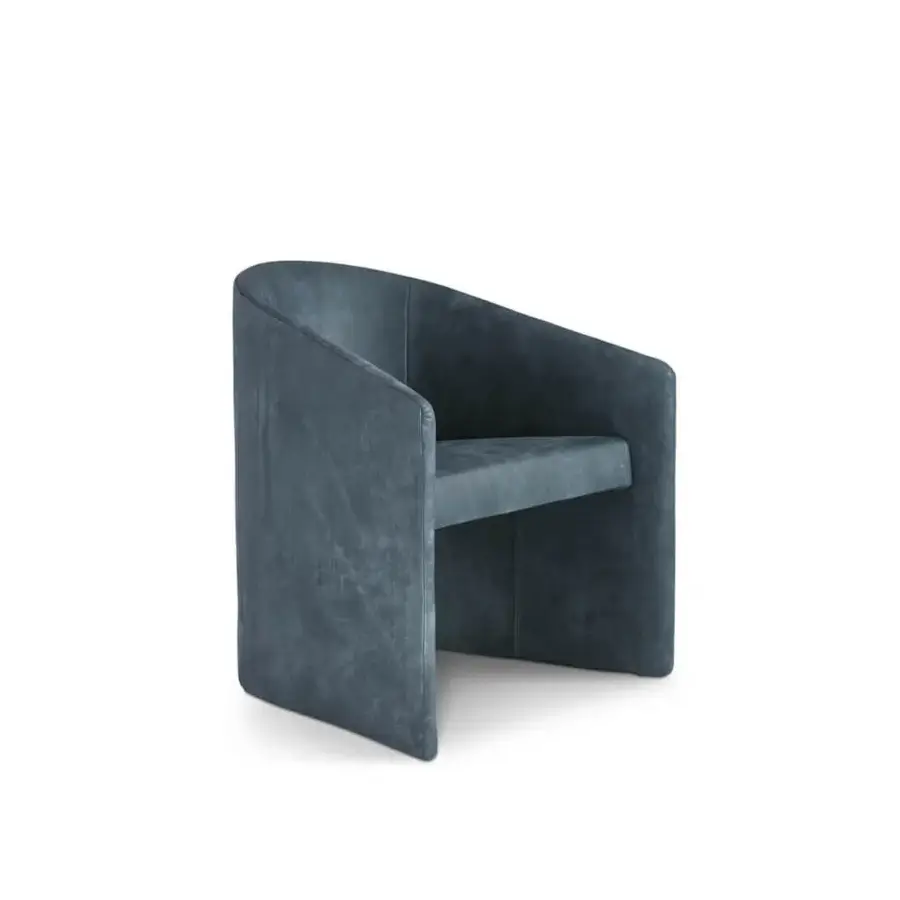 Elegant 4 Mariani Manta lounge chair with smooth matte muted blue-gray textile and curved enveloping form