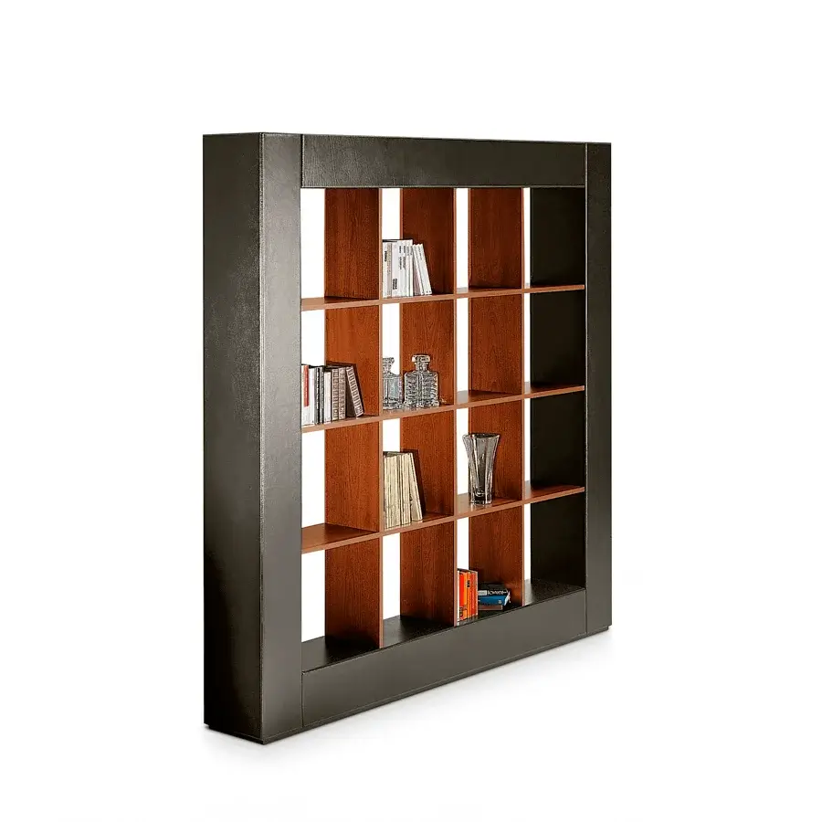Superior 4 Mariani Loop bookcase with black saddle leather frame and striped black walnut shelving