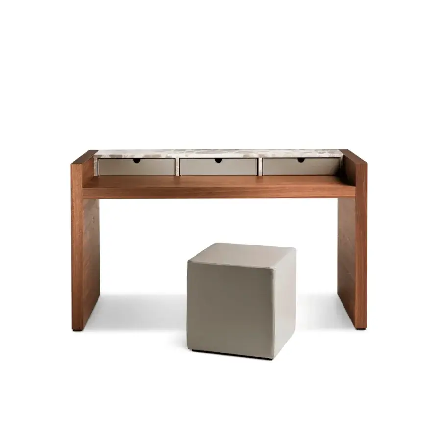 Elegant 4 Mariani Materica desk crafted in flamed black walnut wood with saddle leather drawers and Emperador Light marble accents with matte finish