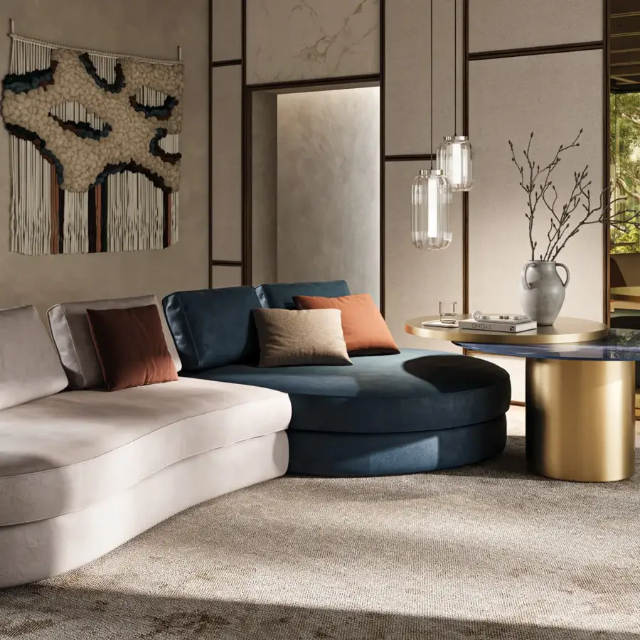 Captivating Reflex Move coffee table with overlapping tiers in deep blue Marble Glass and glossy golden finish