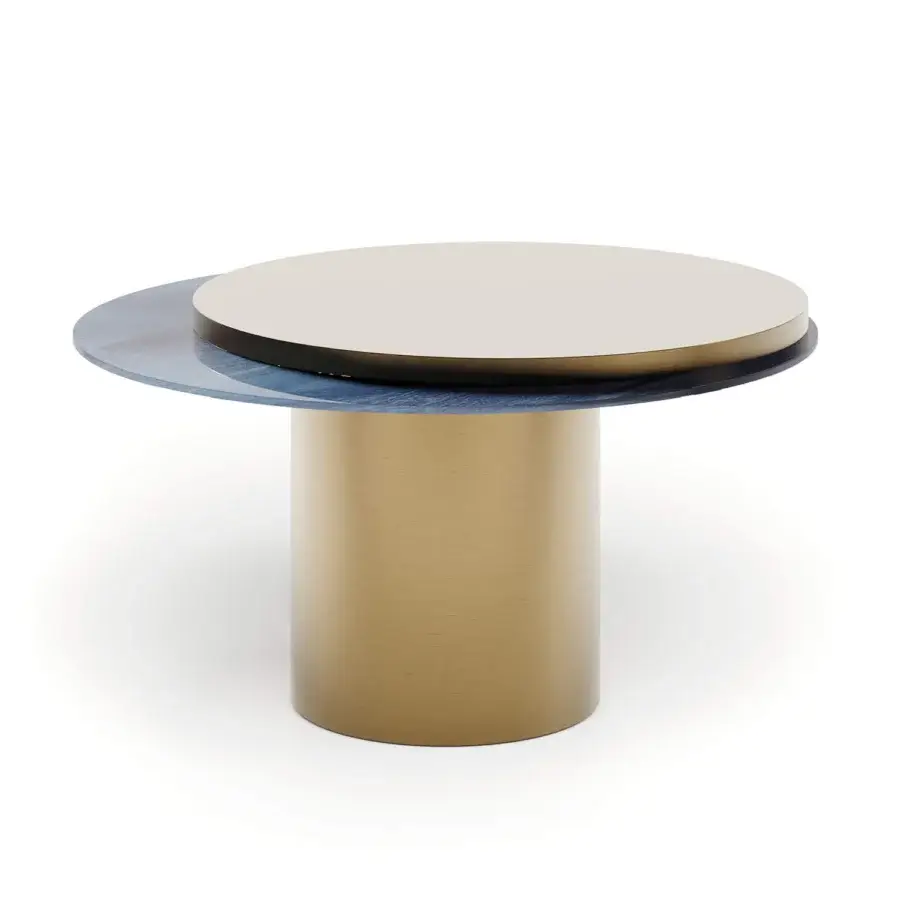 Distinguished Reflex Tau Steel Move coffee table with overlapping Marble Glass surfaces and brushed satin golden cylinder base