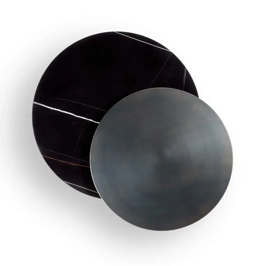 Elegant Reflex Tau Steel Move coffee table with overlapping tau steel and glossy black marble surfaces