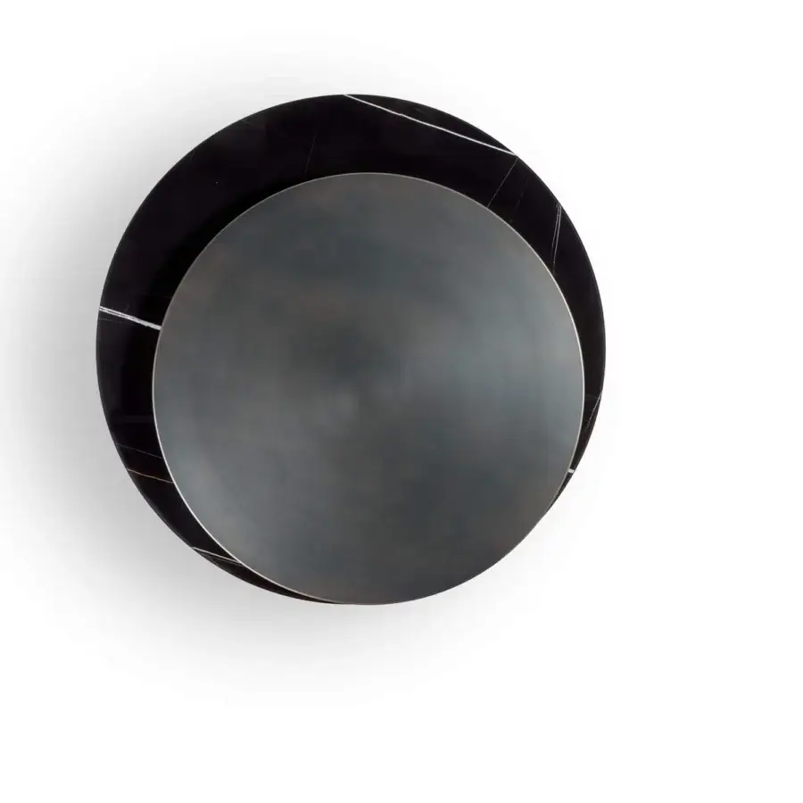 Superior Reflex Tau Steel Move coffee table with a matte tau steel upper tier and black marble base exhibiting veining